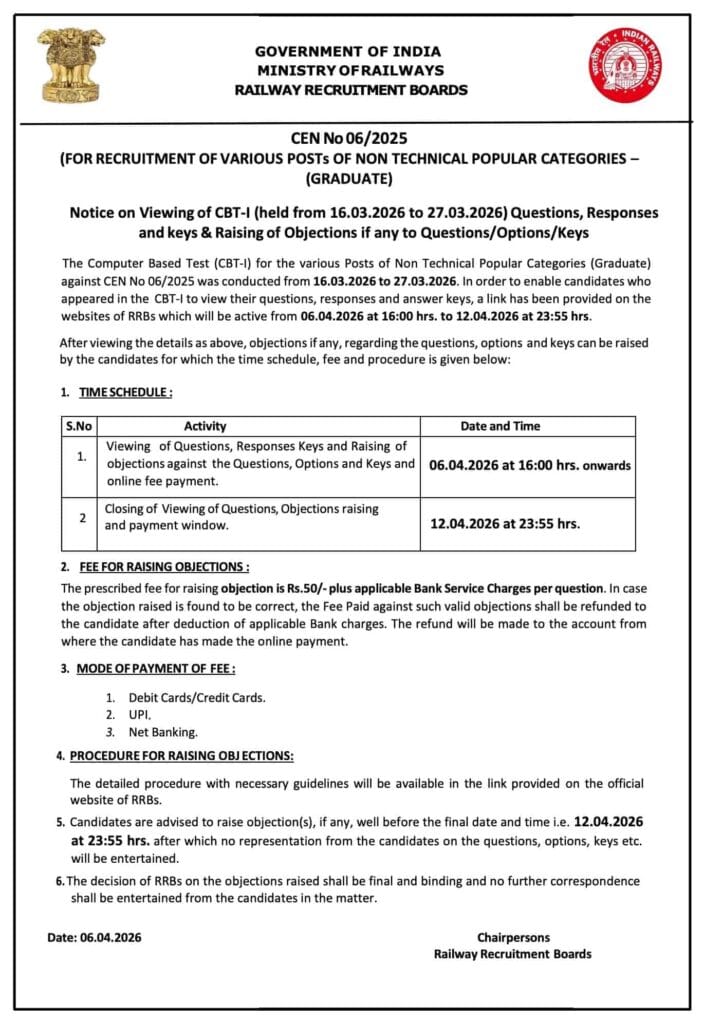 RRB NTPC Answer Key 2026 Official Notice 